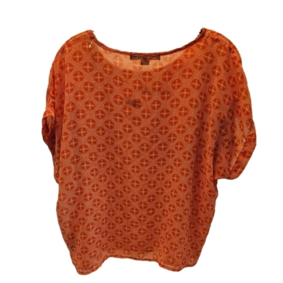 Forever 21 Size Medium Orange & white sheer Blouse Geometric design summer top - Picture 11 of 13